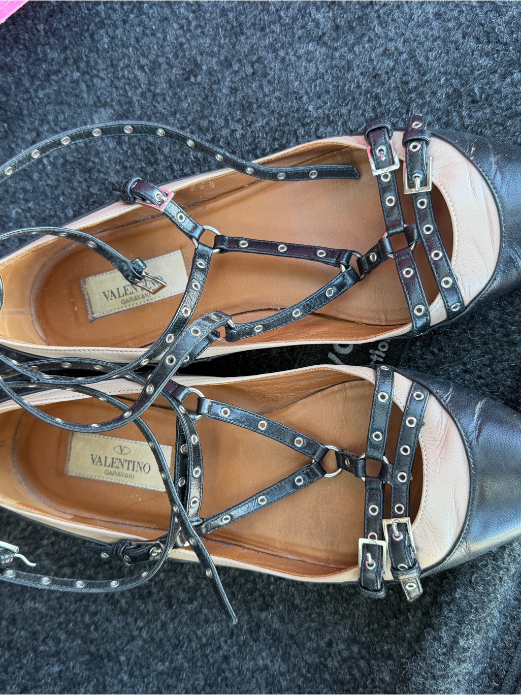Valentino Garavani Black And Beige Studded Leather Strappy Flats
